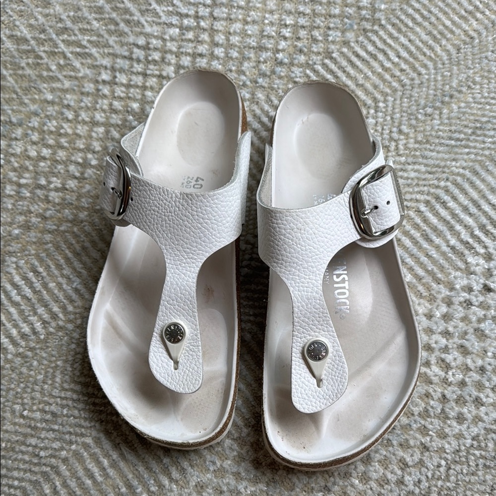 Birkenstock White Sandals with Silver Buckle